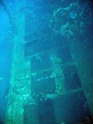 Wrack of steel Dutch merchant ship, sunk in 1942. Diving around Bunaken island, Molas Wreck dive site. Indonesia.