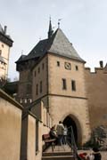 Karlstejn Castle. Gothic castle founded in 1348 by Charles IV. The castle served as a place for safekeeping of royal treasures, the Empire coronation jewels and holy relics. Czech Republic.