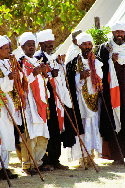 Monks during Timkat.They are waiting for procession. Lalibela. North,  Ethiopia.