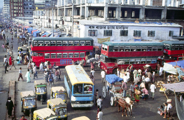 Traffic jam near local bus station at Dhaka. Bangladesh.