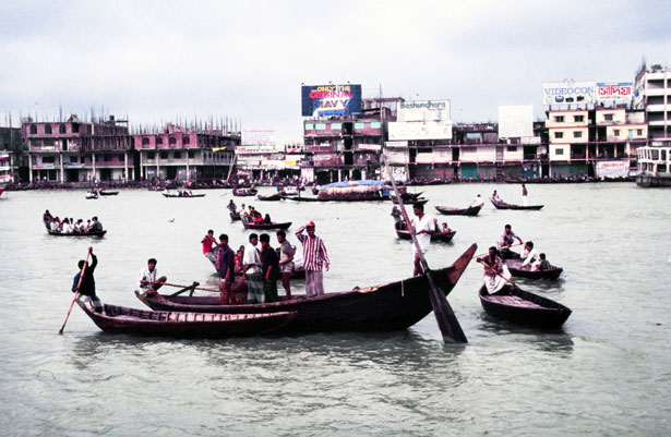 Riverport at Dhaka and river transport. Bangladesh.