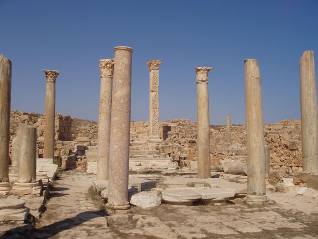 Archaeological Site of Sabratha, Phoenician trading-post was part of the Numidian Kingdom of Massinissa before being Romanized and rebuilt in the 2nd and 3rd centuries A.D. Libya.