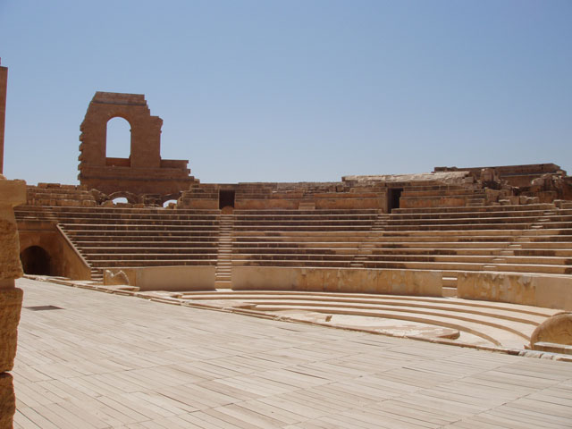 Archaeological Site of Sabratha, Phoenician trading-post was part of the Numidian Kingdom of Massinissa before being Romanized and rebuilt in the 2nd and 3rd centuries A.D. Libya.