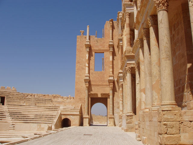 Archaeological Site of Sabratha, Phoenician trading-post was part of the Numidian Kingdom of Massinissa before being Romanized and rebuilt in the 2nd and 3rd centuries A.D. Libya.