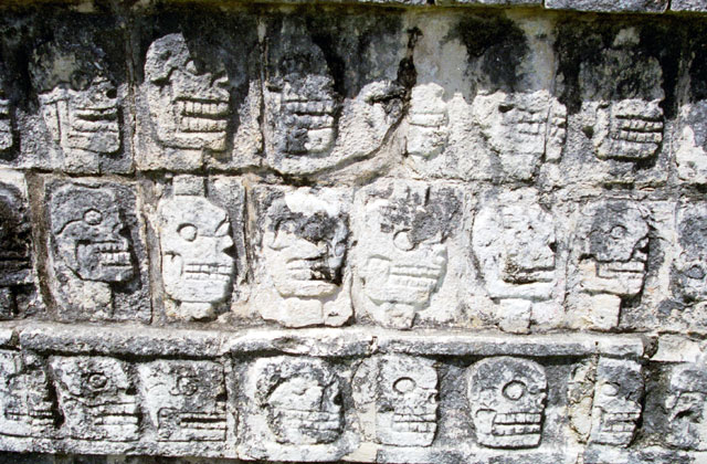 Drawing of The Platform of the Skulls Maya Toltec Architectural Style constructed 1100-1300 A.D., Chichen Itza Mexico.
