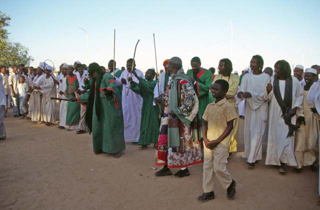 Whirling dervishes are coming. Their color is green. Hamed-an Nil Mosque, Khartoum (Omdurman). Sudan.