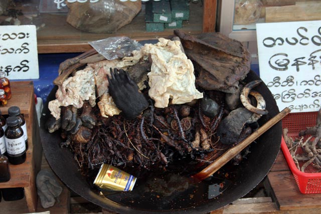 Traditional medicine stalls, Kyaiktiyo. Myanmar (Burma).