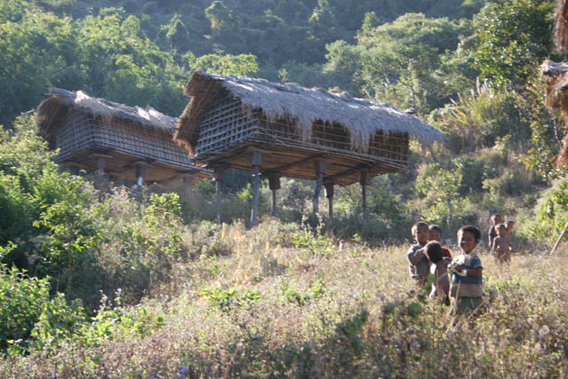Traditional houses of Chin people. Kyartho village, Chin State. Myanmar (Burma).
