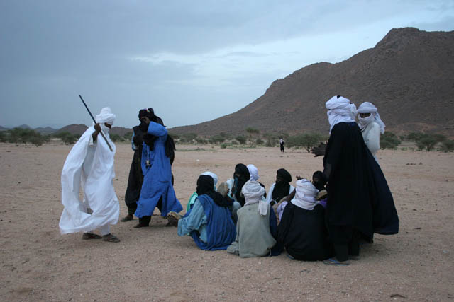 Dancers and musicians at traditional tuareg wedding party. Air Mountain area. Niger.