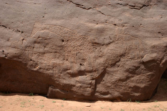 Historical giraffe paintings at Sahara desert at Dabous area. Niger.