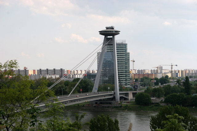 Bratislava Castle from 13th century is massive rectangular building with four corner towers. The Castle is located on the top of the hill of the Little Carpathians directly above the Danube river in the middle of Bratislava. Slovakia.